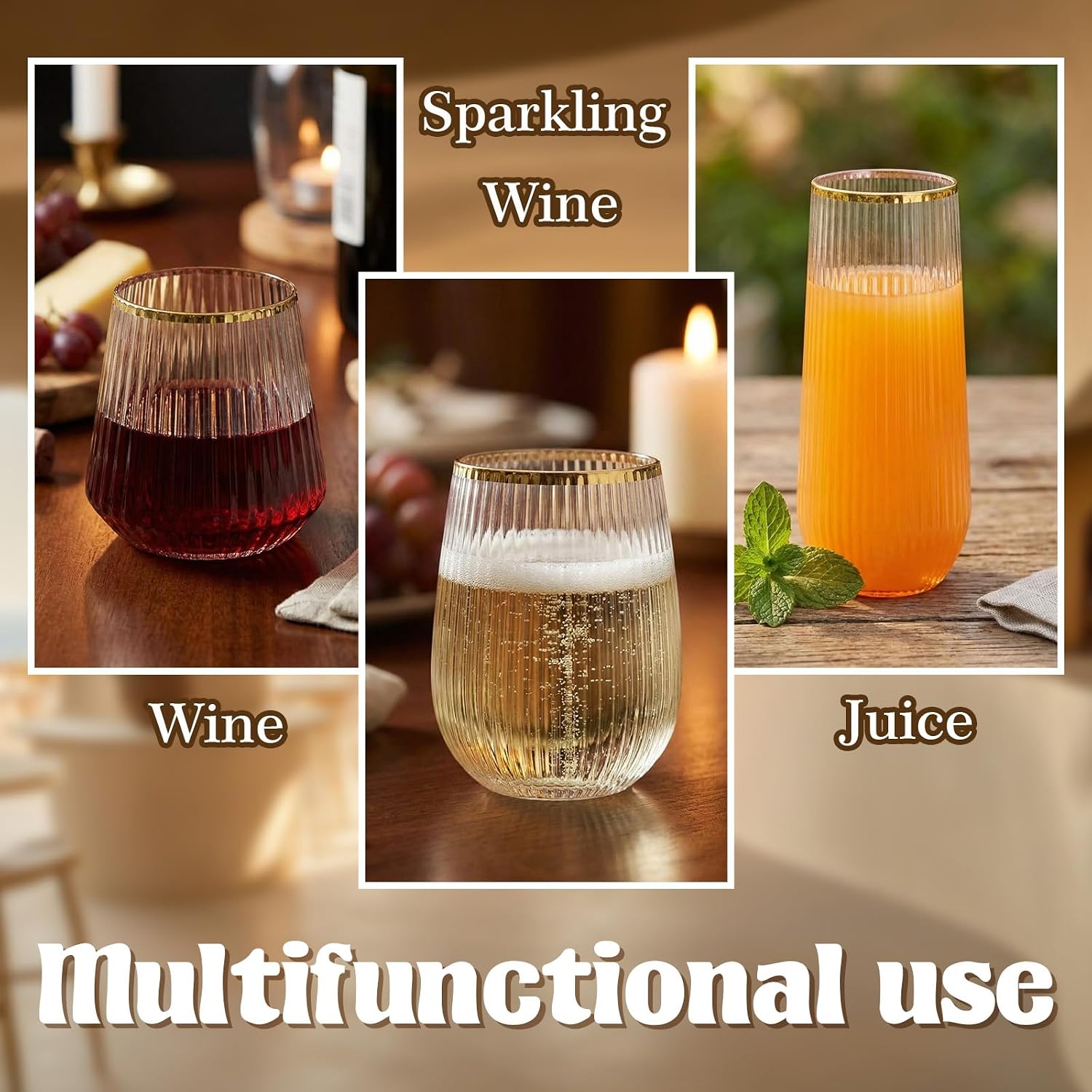 Unittype 18 Pcak Ribbed Origami Ripple Plastic Glasses, 9, 12, 16 oz Fluted Champagne Glass, Disposable Shatterproof Toasting Cups for Weddings Bars Party Events Home (Gold Rim)