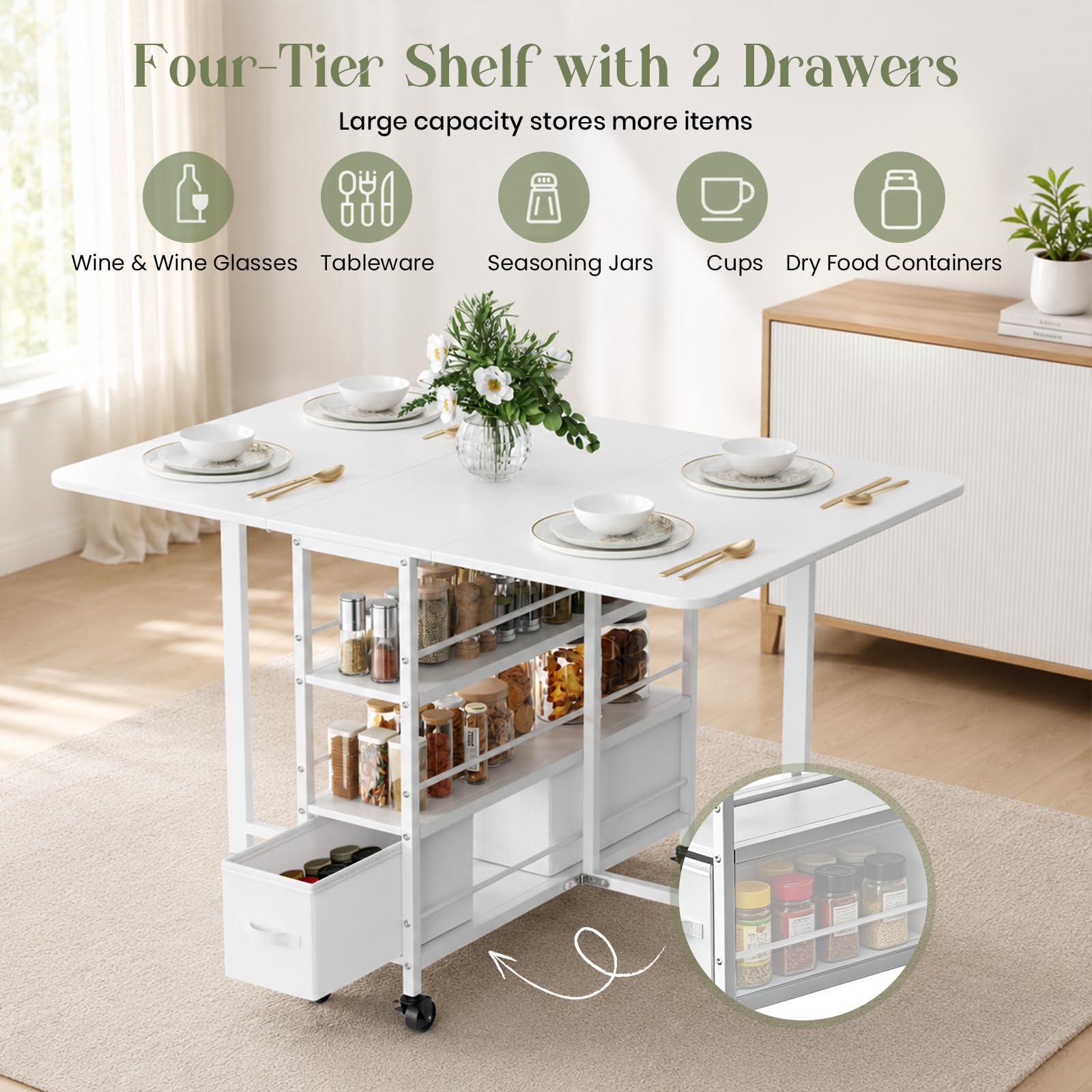 Tavolo da pranzo pieghevole bianco 6 ruote 2 cassetti per spazi piccoli | 4 ripiani con bordo protezione, ruote con freno, carico 60kg, struttura legno-metallo stabile, 3 modalità d'uso