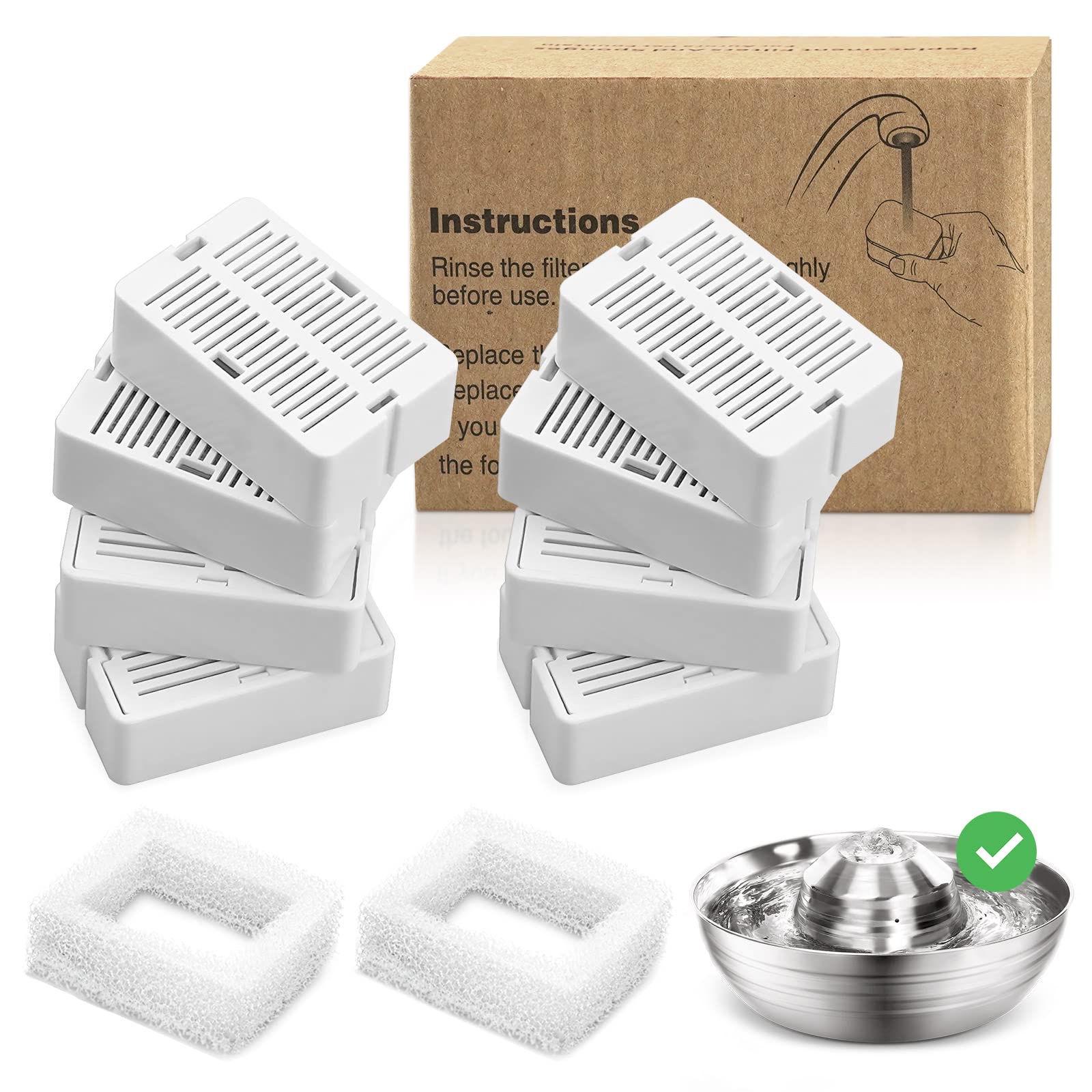 Diealles Shine Filtros Fuente para Gatos, Paquete de 8 Filtros Fuente Gatos con Paquete de 2 Filtros de Espuma, Filtro para Fuente Gatos Acero Inoxidable
