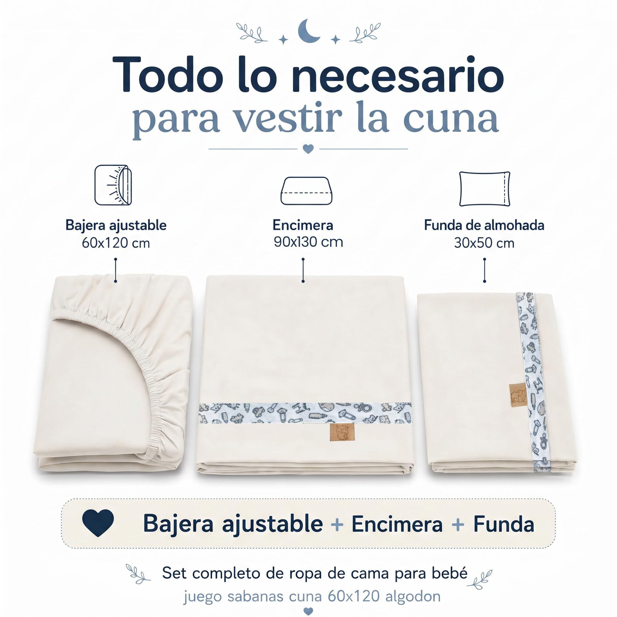 Sabanas Cuna 60x120 Algodon para Bebé, Juego Completo 3 Piezas con Bajera Ajustable, Encimera Y Funda De Almohada, 100% Algodón Suave para Descanso Diario (Crema)