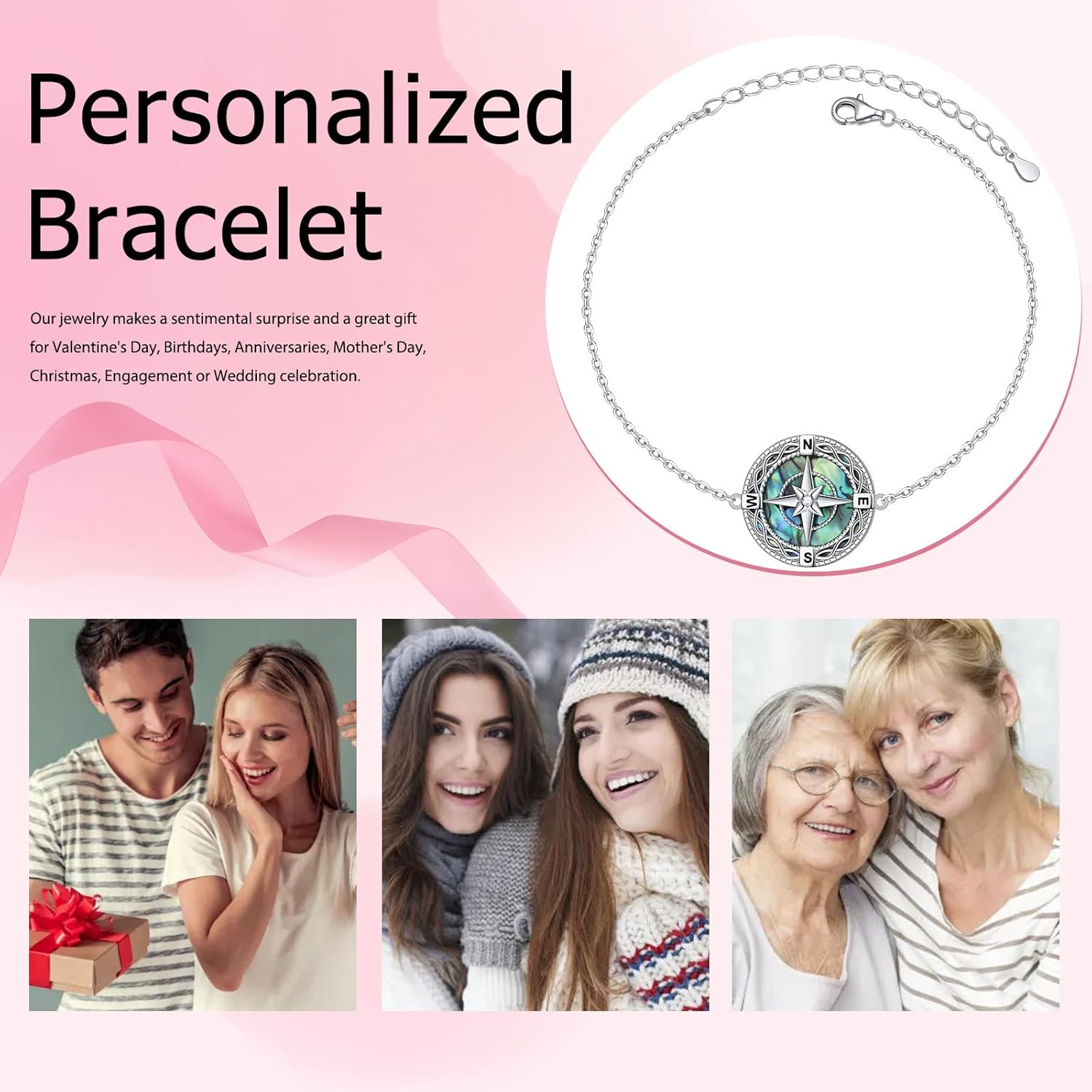 Compass Bracelet for Women Sterling Silver Compass Pendant Bracelet Abalone Shell Travel Jewelry Gift for Graduation - Image 7