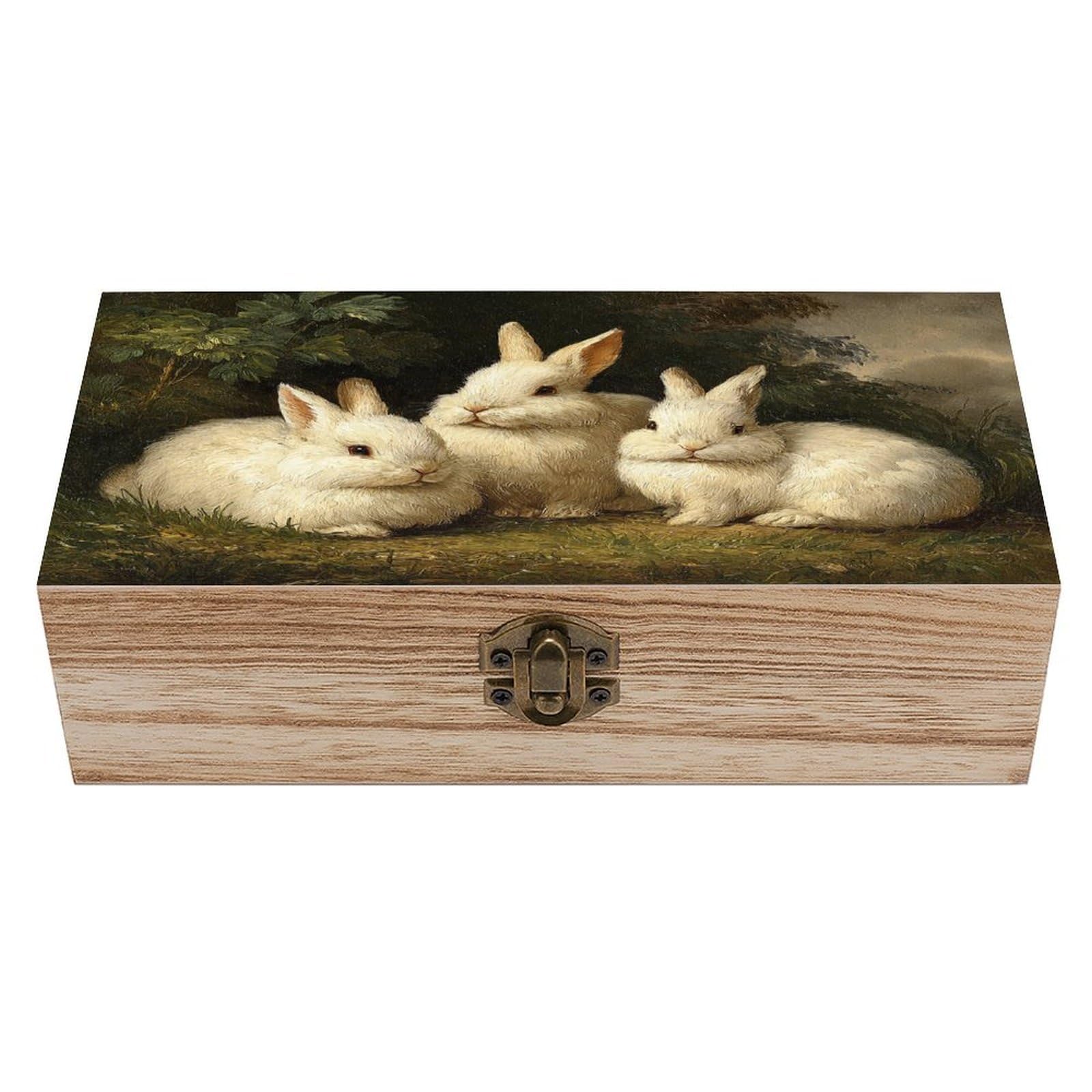 asbwuo Three Rabbits Wooden Storage Box with Hinged Lid