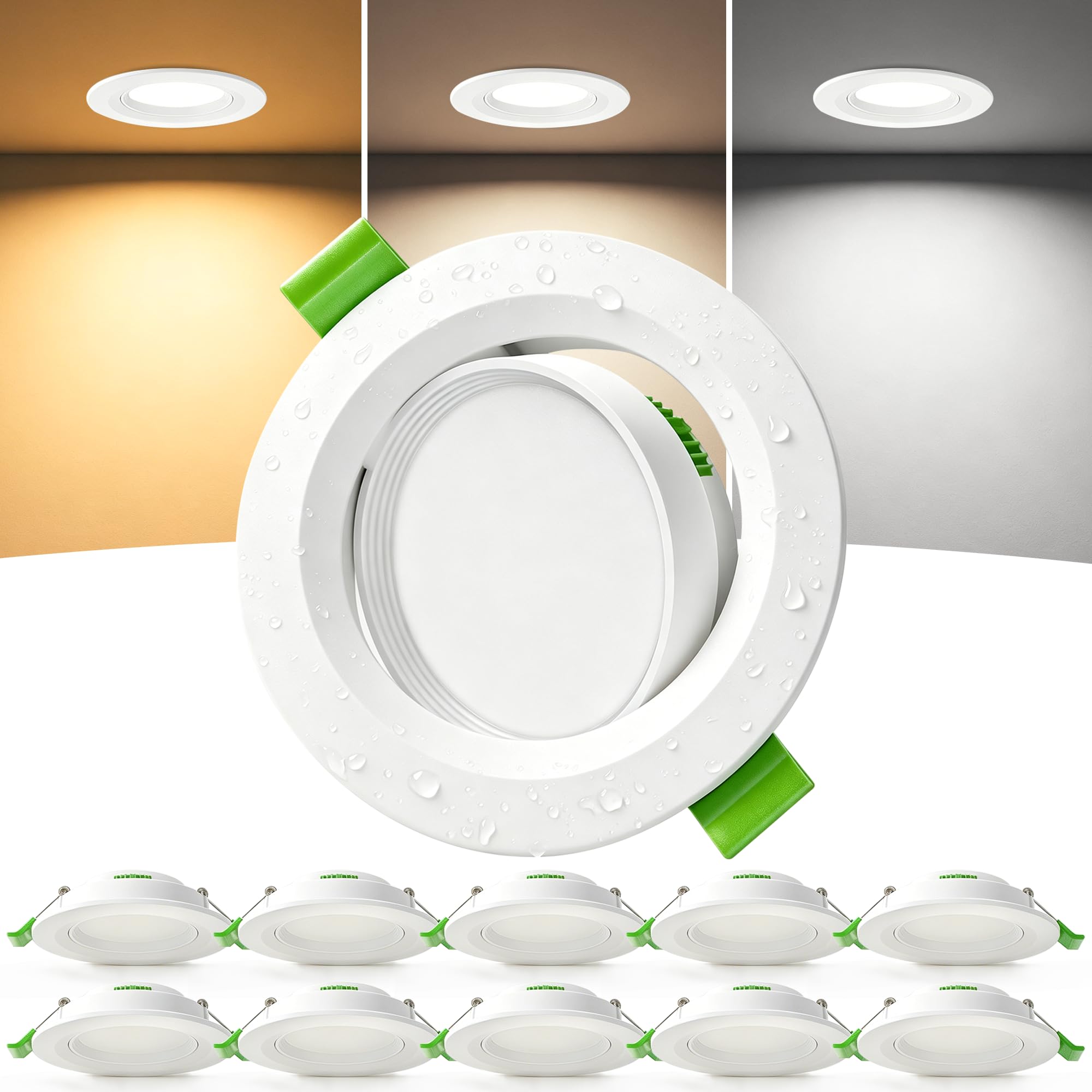 10 Faretti LED da Incasso per Cartongesso, Foro Ø68-80 mm, Orientabili 45°, Faretti LED Ultrasottili da 23 mm, 5W, 3 CCT 2700K/4000K/6000K, IP44 per Bagno e Cucina, 230V, Bianco