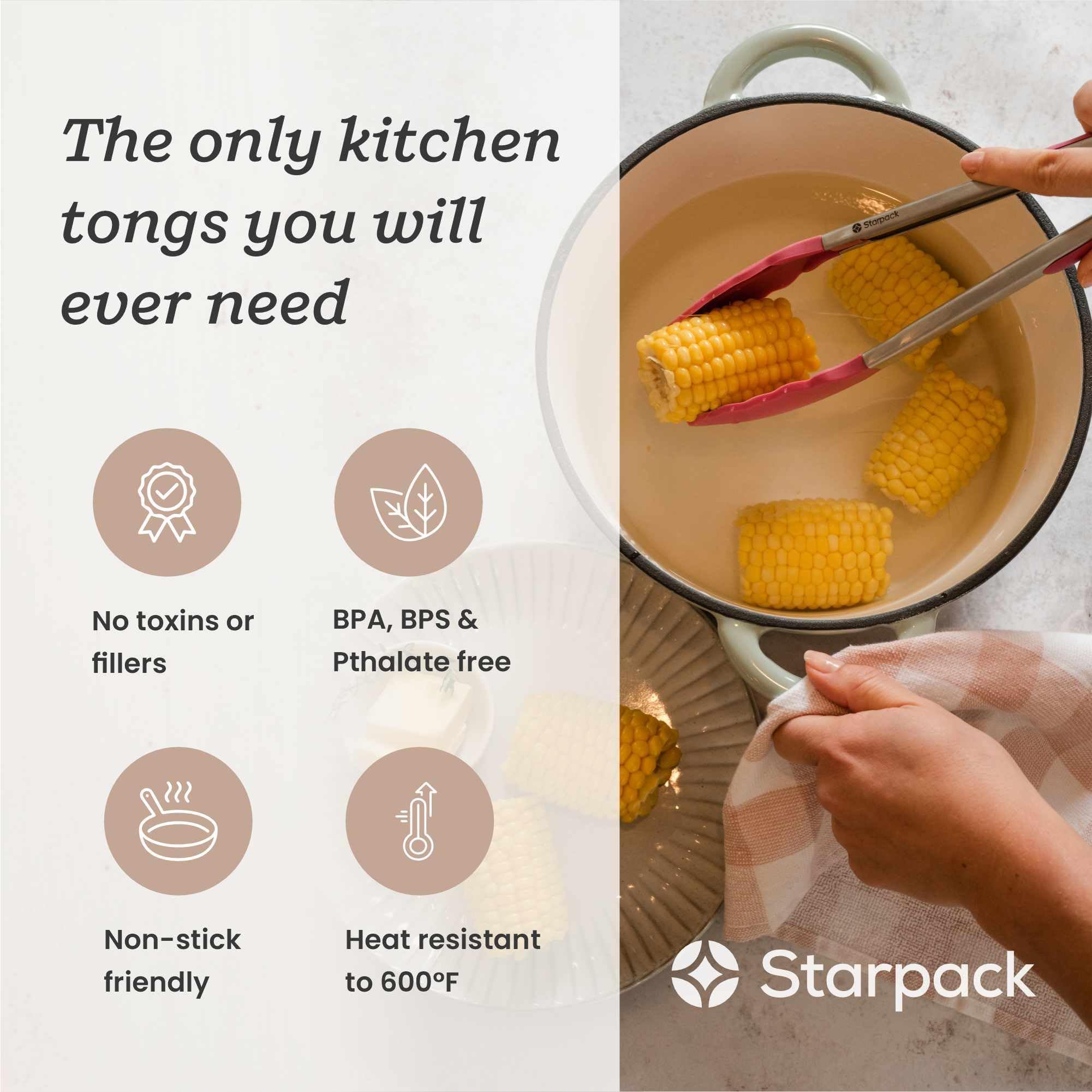 StarPack Pinzas de cocina de silicona de alta calidad de 12 pulgadas, acero inoxidable con puntas de silicona antiadherentes, alta resistencia al calor hasta 600 °F, para cocinar, servir, parrilla,