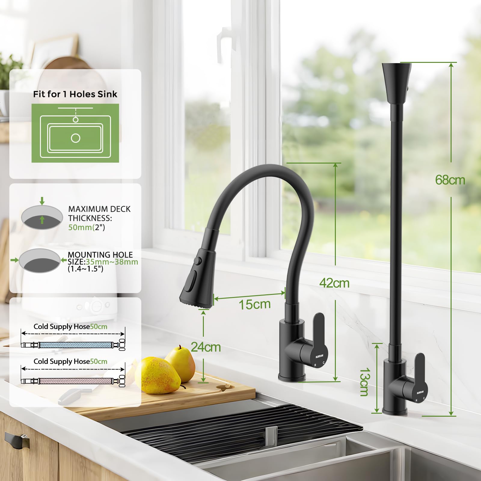 Hurran Robinet de Cuisine Avec 3 Modes de Pulvérisation, Robinet Cuisine Pivotant À 360° avec Tuyau en Silicone, Mitigeur en Acier Inoxydable, Noir Mat