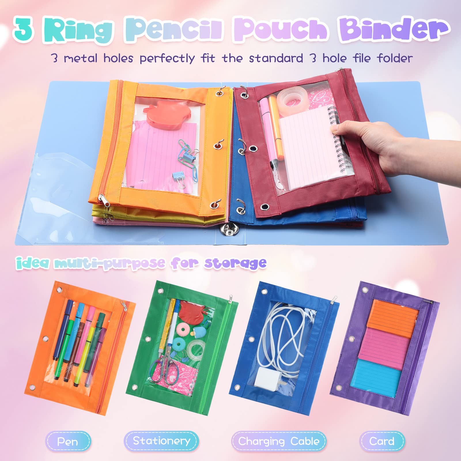 Leinuosen 64 estuches para lápices a granel de 3 anillos con ventana transparente y carpeta con cremallera, bolsa de papelería para oficina, escuela, suministros de aula (fresco)