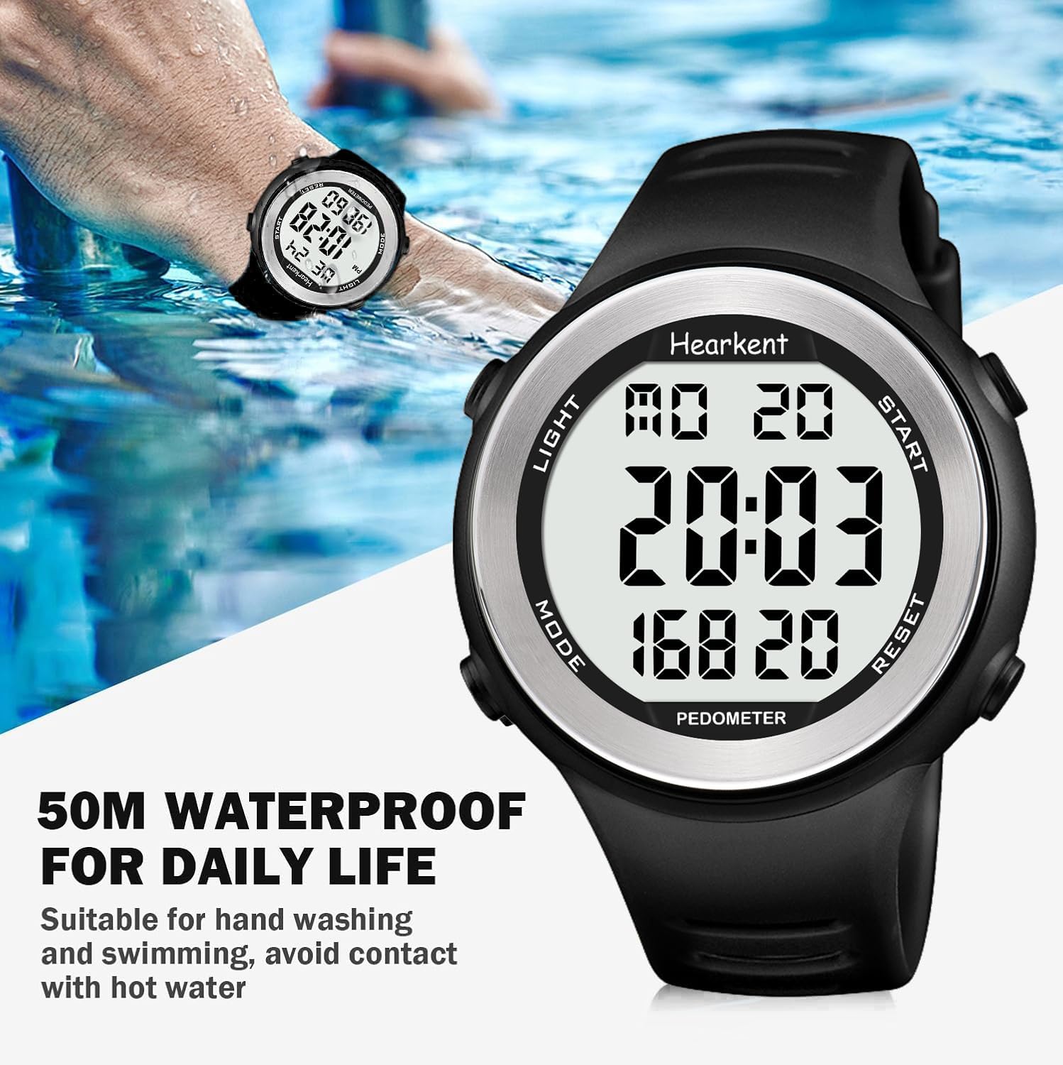 Waterproof Pedometer Watch No APP with Light, Digital Display Step Counter Watch for Calories, Seconds, Alarm, Fitness Tracker Watch