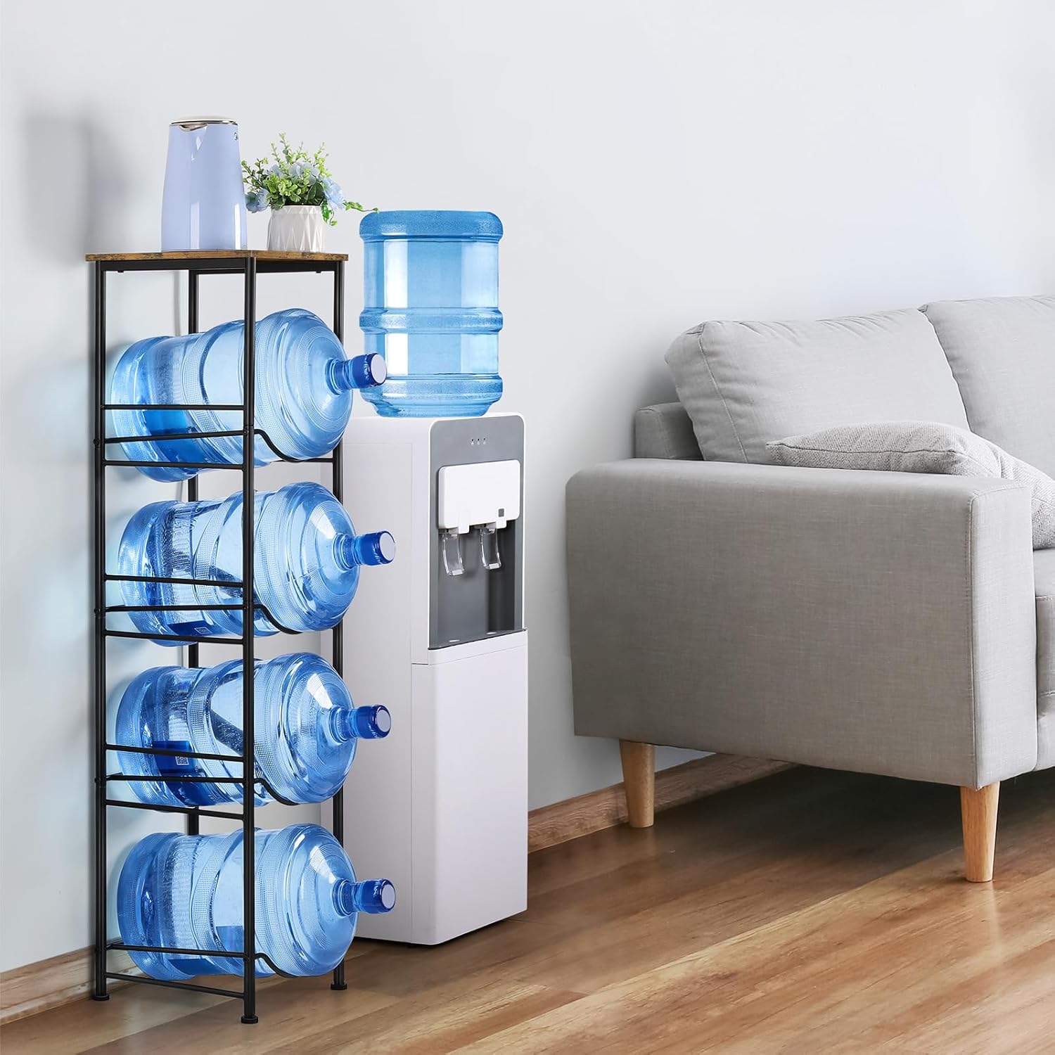 ETELI 5 Gallon Water Bottle Holder Organizer 4 Tier Water Cooler Jug Rack with Storage Shelves Water Bottle Dispenser Stand for Kitchen Living Room Office, Black and Brown