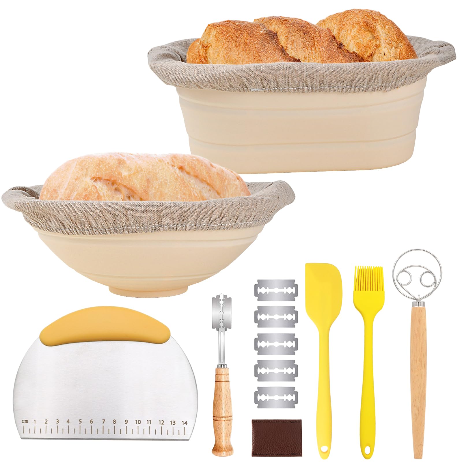 Banneton per Kit Pane, Cestino da Lievitazione Rotondo e Ovale, Cestino per La Fermentazione con Tela di Lino, Raschietto Pasta, e Lame Taglierina Pane, Accessori per La Cottura