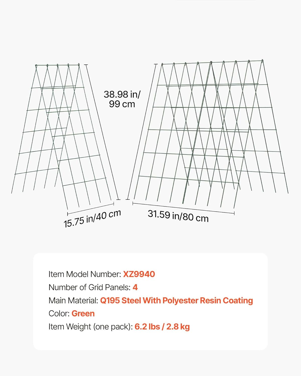 VEVOR Cucumber Trellis, No Assembly Required, 39" High 2 Pack Foldable A-Frame Garden Trellises for Raised Bed, Metal Rustproof Outdoor Climbing Plant Support for Vine, Peas, Beans, Tomato, Flowers