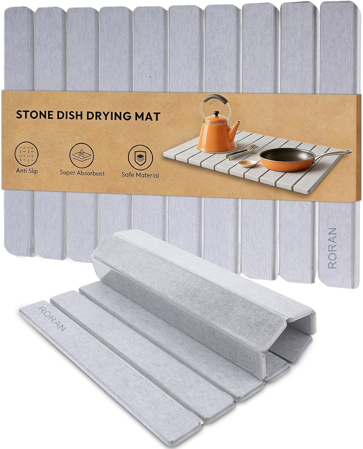 Stone Drying Mat for Kitchen Counter, 24"(L)×16"(W), Drying Matt Kitchen Counter, Quick Dry Stone Dishes Mats, Foldable Diatomaceous Earth Mat (Dove Gray)