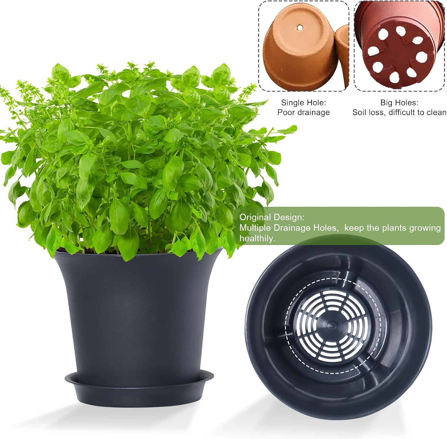 Oliz Planter Pots 8 Packs, 7.2 Inches Flower Pots with Drainage Holes & Trays, Ideal for Succulents, Herbs, Flower, African Violet, Garden Plant Pots for Home Garden Kitchen Decor (Dark Grey-2)