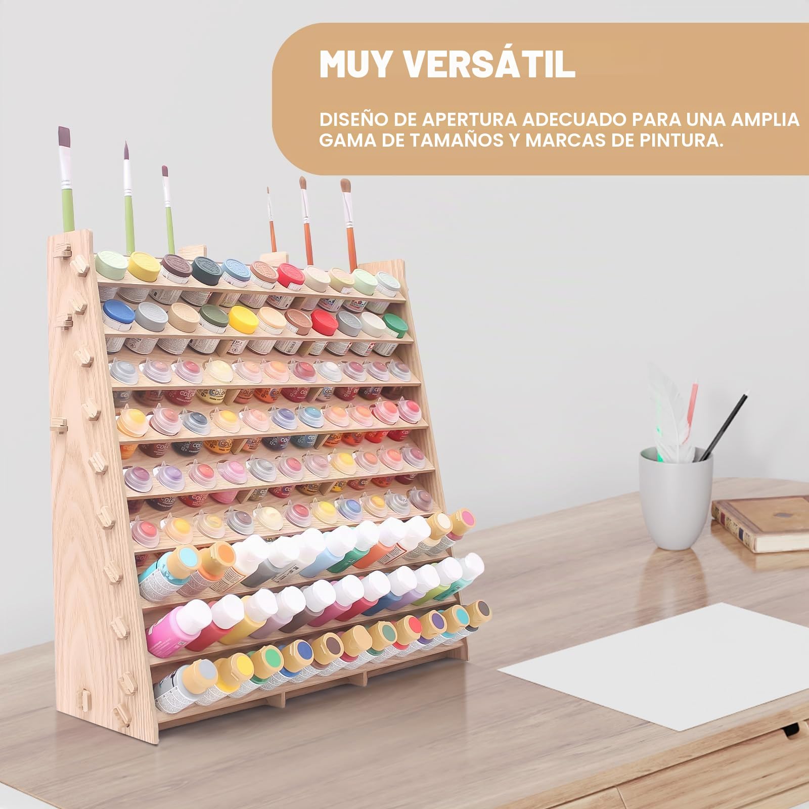 Organizador de pintura de madera extra grande de 9 niveles con capacidad para 99 botellas y estante para pinceles de pintura para acrílico, aceite, manualidades, pasatiempos, mini modelos