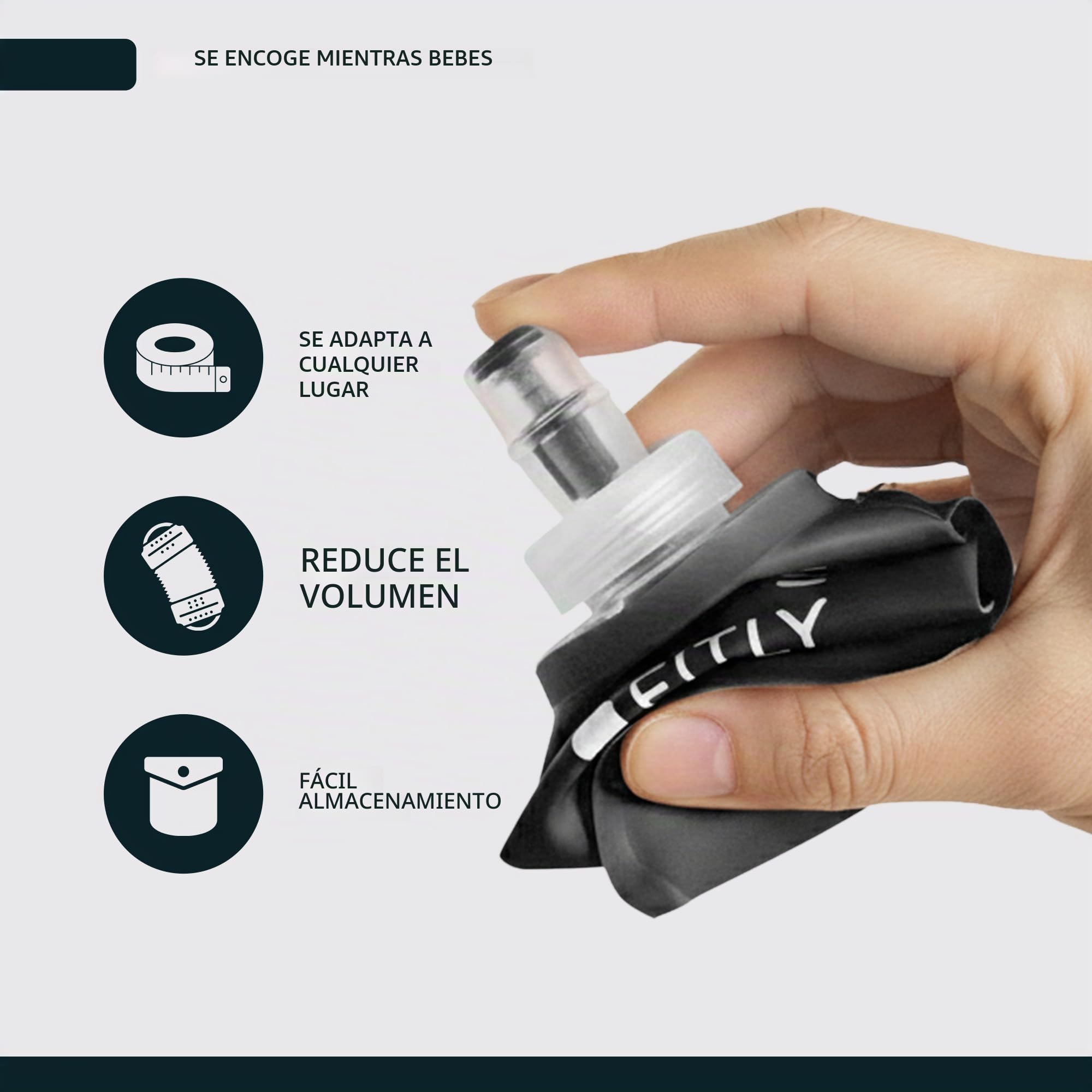 FITLY FLASKS Combo - 3 frascos suaves para hidratación mientras corres, senderismo, ciclismo, escalada, botellas de agua plegables (5-95-13 onzas, 150-250-400 ml), color negro