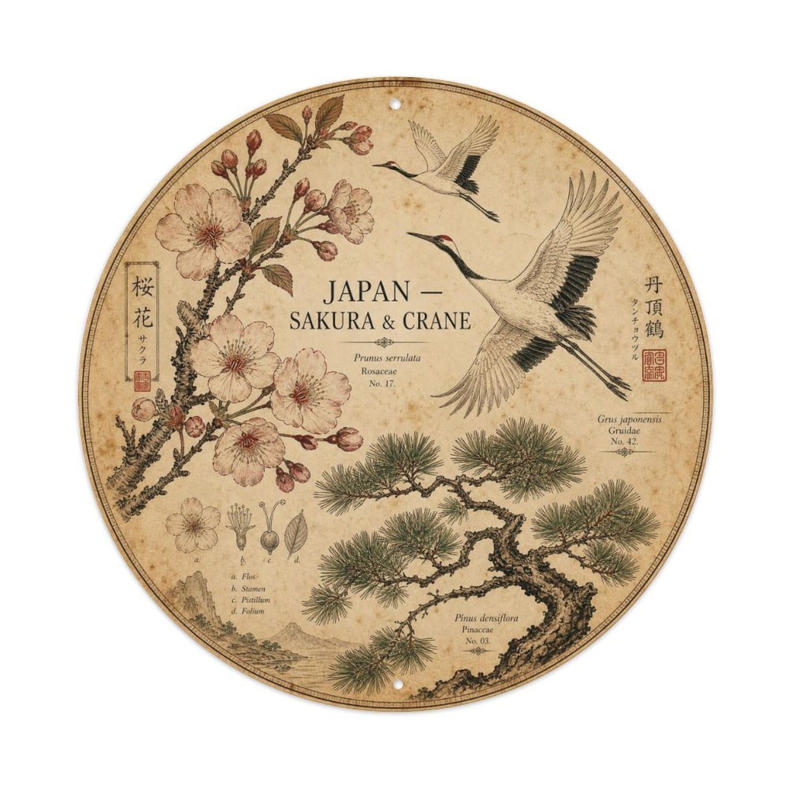 Olyhtr 8X8inch Classic Style Meiji Japan Sakura Crane Ceramic Folk Pattern Metal Tin Sign