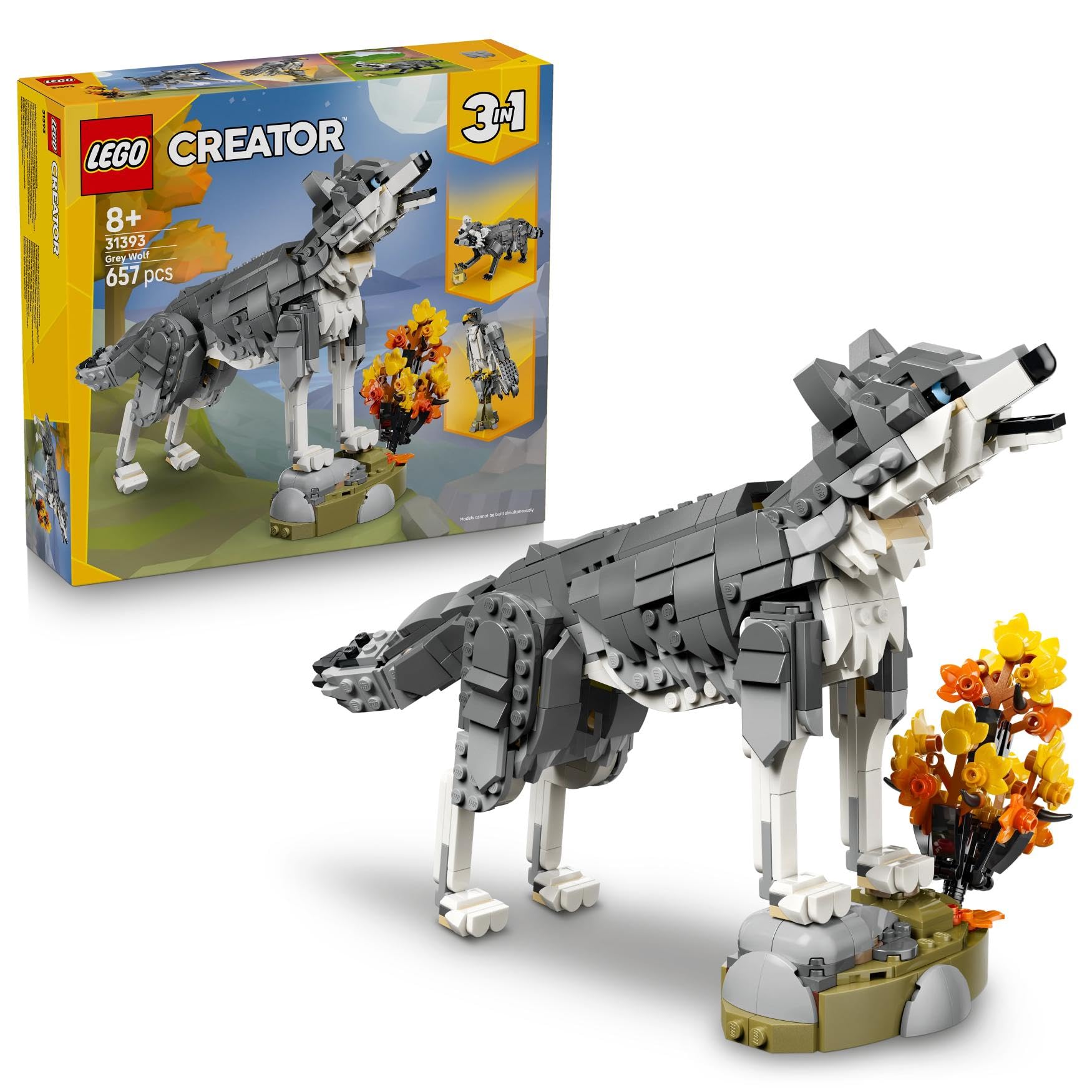 LEGO Creator 3-en-1 Les Animaux de la Forêt : Le Loup Gris - Jouet - Figurine d'animal se Transformant en Faucon ou Raton Laveur - Décoration DIY - Cadeau d'anniversaire Fille ou Garçon 8 Ans 31393