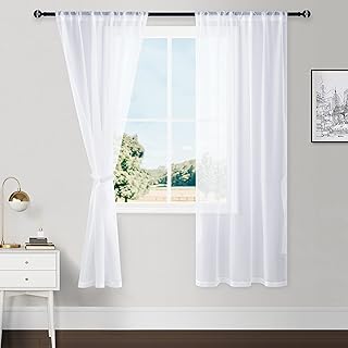 Hiasan White Sheer Curtains for Bedroom with Tiebacks, Lightweight Airy Breathable Voile Drapes Light Filtering Window Curtains for Living Room, Nursery, Farmhouse, W36 x L63, 2 Soft Panels - Buy now