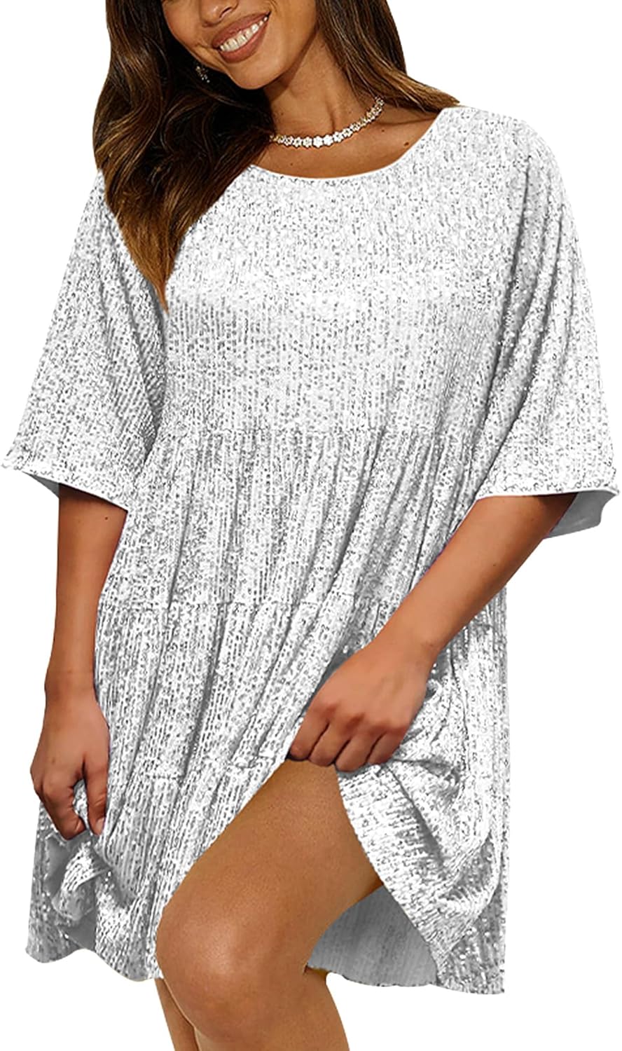 Sequin Babydoll Summer Dress，Sparkly Glitter Dress Short Flowy Tiered Tunic Dress for Women Party Club Night - Image 8