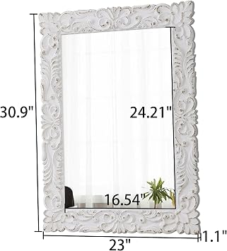 Vintage Floral Rectangle Mirrors for Wall 31 X 23 Inch | Distressed White Hanging Carved Wood Frame Flowers Glam French Country Bathroom Mirrors for Over Sink, Horizontal or Vertical