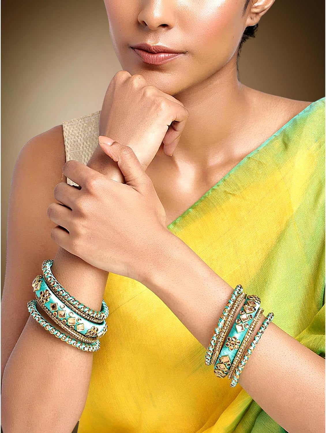 Aheli Ethnic Handmade Silk Thread Faux Stone Studded Bangle Set Chudha Indian Traditional Wedding Wear Fashion Jewelry Gift for Women (Light Green 2.8 Inch)