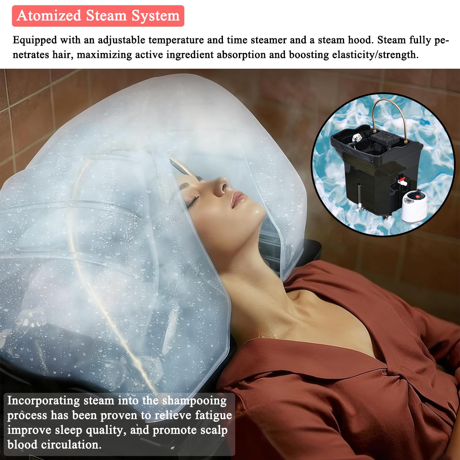Lavacabezas Peluqueria con Tanque 60L, Lavacabezas Portatil para Casal con Ruedas, Lava Cabezas con Inhalador Vapor y Cubierta Vapor, Apto Para Spa Capilares y Salones de Peluquería, Negro