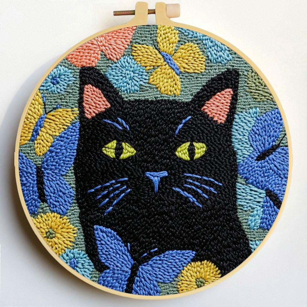 Punch Needle Kits Black Cat and Butterflies DIY Embroidery Starter Set with Hoop Easy for Beginners Stress Relief Handmade Craft Hobby and Home Decor 20x20cm-3