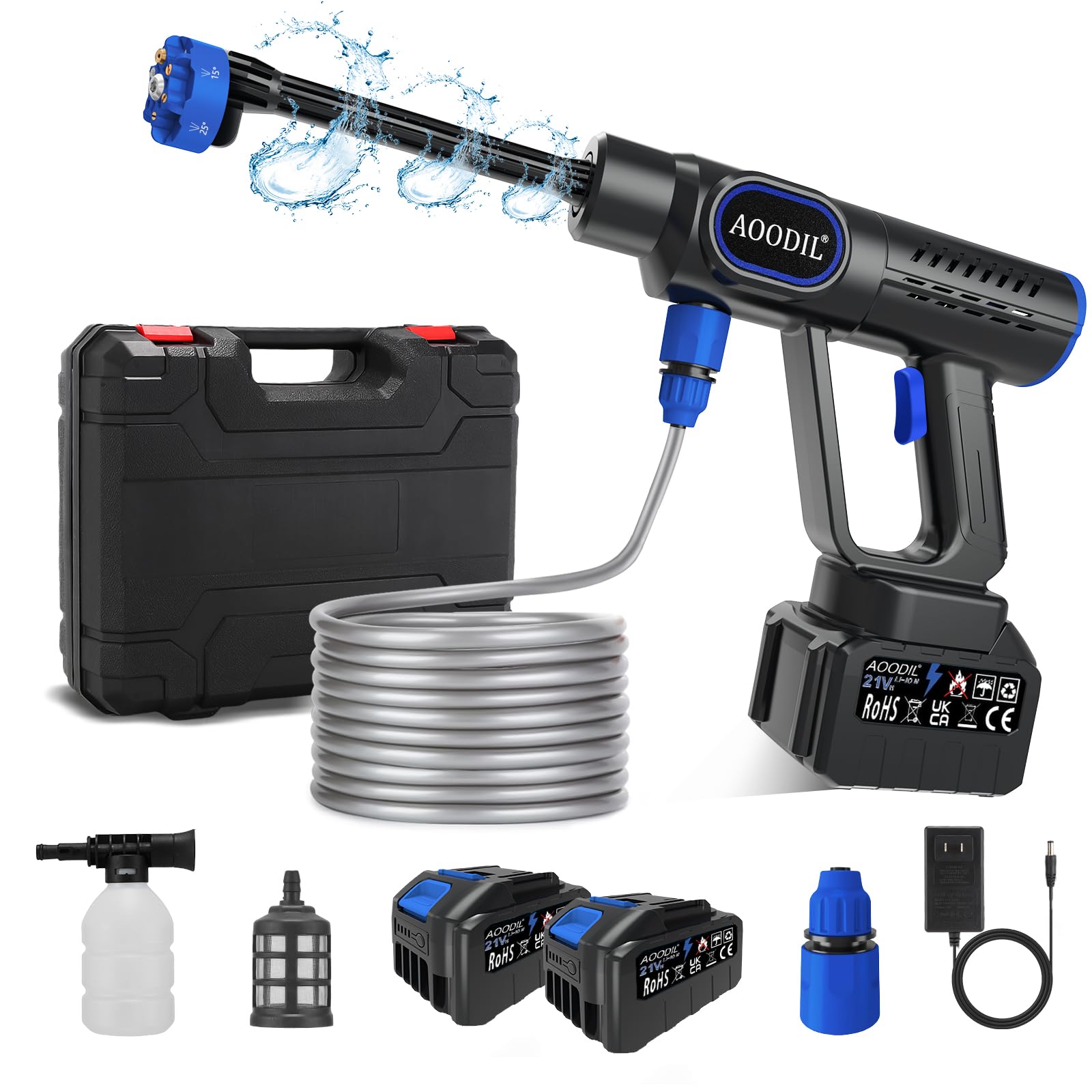 AOODIL Cordless Pressure Washer Battery Powered, 1200 PSI Portable Brushless Power Washer with 6-in-1 Nozzle, 5m Hose, 2 Rechargeable 3.0Ah Batteries, Handheld Pressure Washer for Car,Garden,Home,Yard