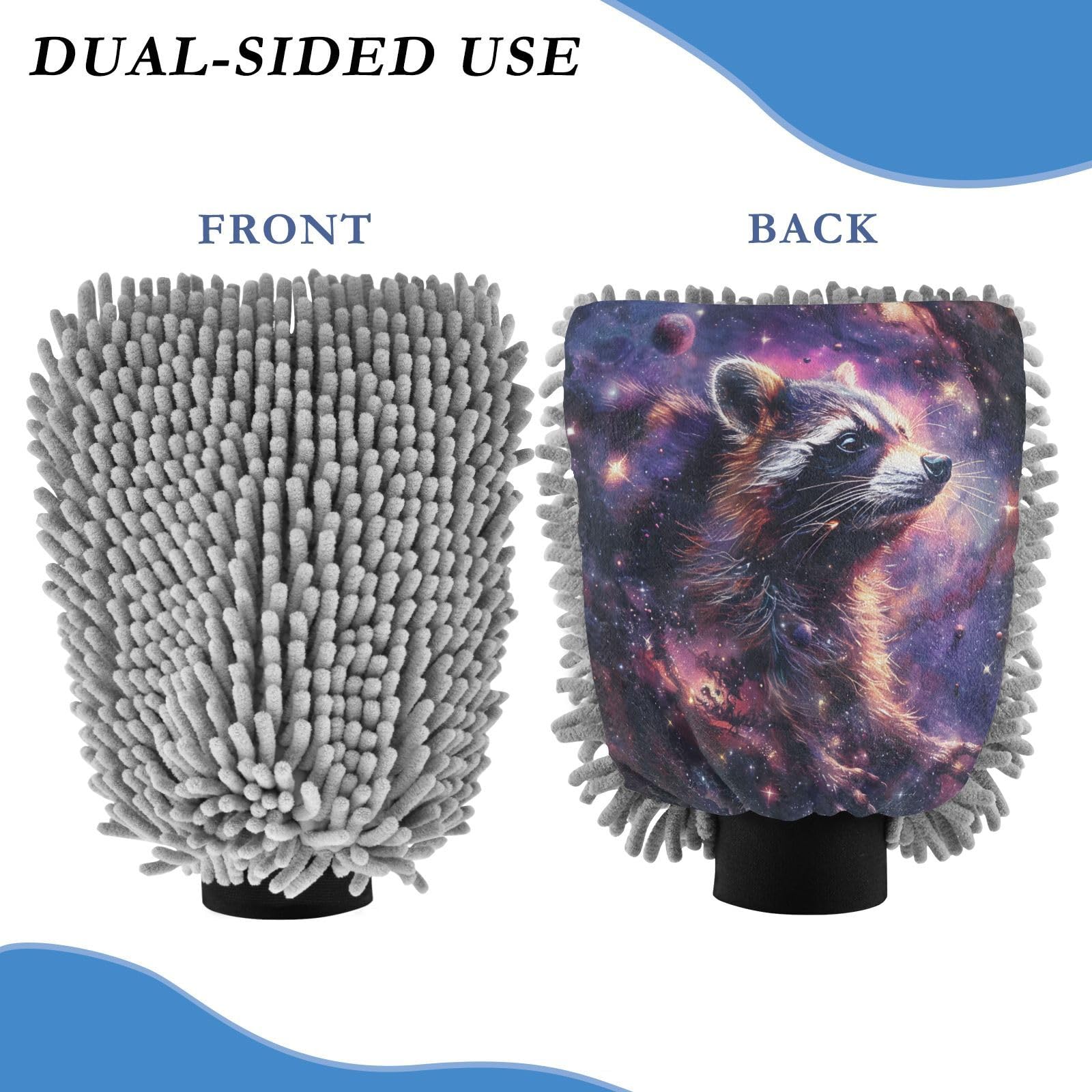 ALAZA Raccoon Nebula Galaxy Car Wash Mitt Scratch Free, 2 Pack Absorbent Microfiber/Chenille Washing & Drying Mitts, M