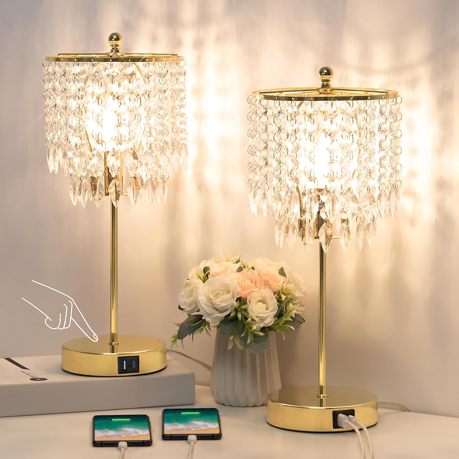 Boncoo Crystal Table Lamp Set of 2, 3-Way Dimmable Nightstand Lamp with 2 USB Charging Ports, Gold Bedside Lamp for Bedroom, Touch Lamp with Elegant Shade for Living Room, B11 LED Bulb Included