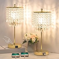 Boncoo Crystal Table Lamps Set of 2: 3-Way Touch Dimmable Gold Bedside Lamps with Dual USB Ports & LED Bulbs
