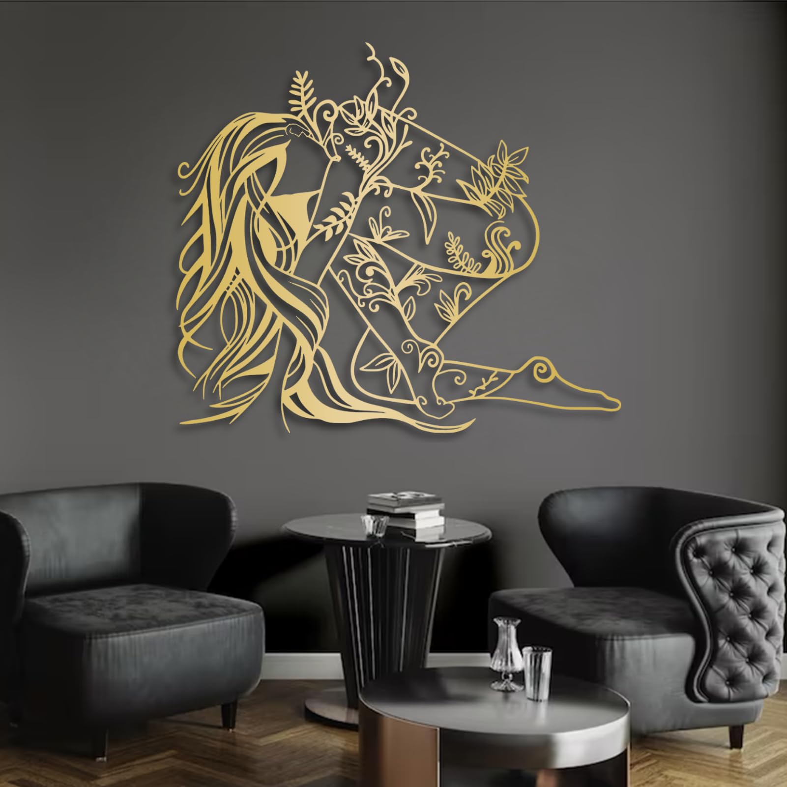 Décoration murale métal arbre et silhouette femme dorée 86x76cm