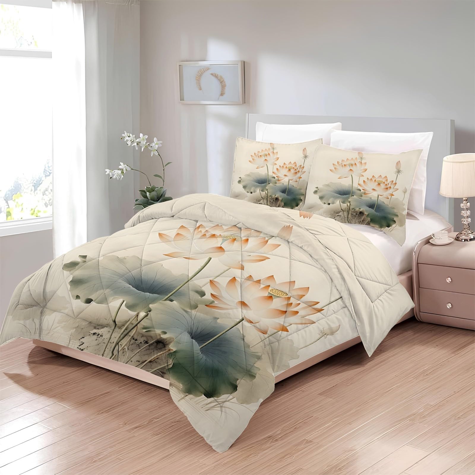 Edredon Nordico Cama 180 Loto, Relleno Nordico 240x260 de Microfibra, Edredón 4 Estaciones Reversible Acuarela, Edredones Estampados Botánico con 2 Fundas de Almohada 50x75 cm U-759