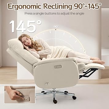 ECOTOUGE Electric Office Chair with USB Charging, Recliner Executive Office Chair with Footrest, Big and Tall High-Back Computer Chair, 400LBS Weight Capacity, Microfiber, Beige