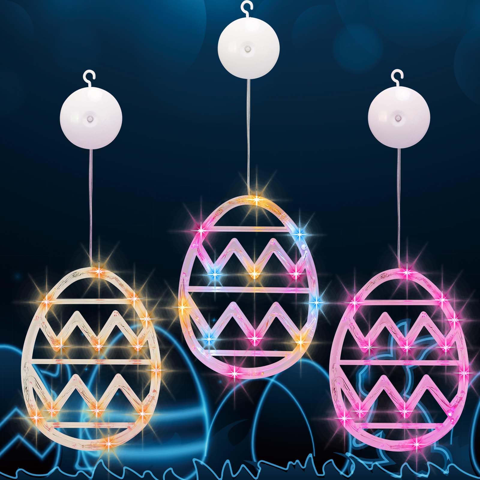 3 Pack Easter Window Lights, Easter Window Decorations LED Egg Shaped Light Hanging String Lights Battery Operated with Suction Cup for Home Bedroom Decor