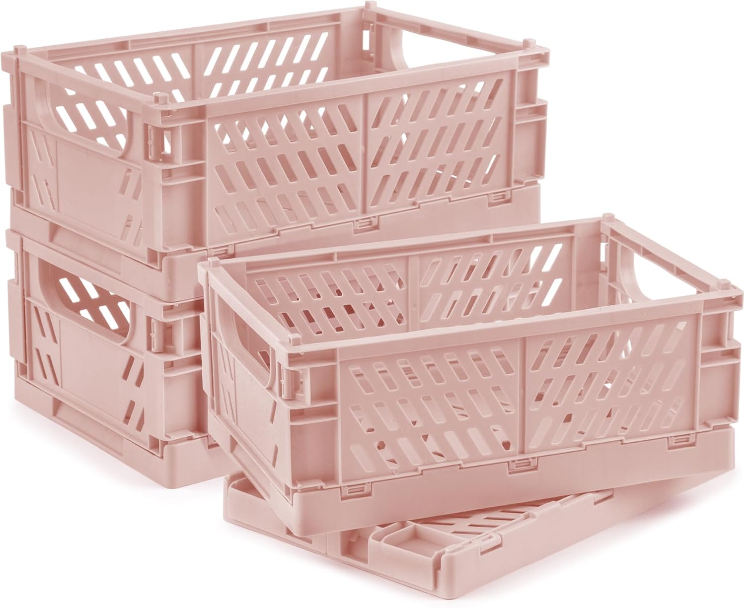 4 Pcs Collapsible Storage Crates, 10x6.5x4 inches Space-Saving Folding Containers, Stackable Plastic Boxes for Home Kitchen Office Bedroom Bathroom, Pink, Medium
