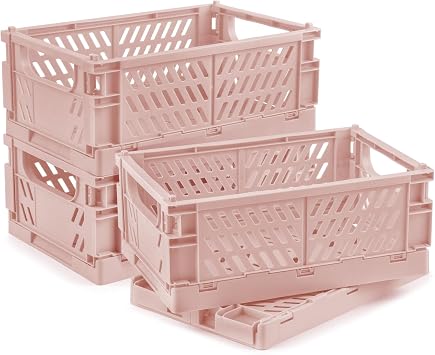 4 Pcs Collapsible Storage Crates, 10x6.5x4 inches Space-Saving Folding Containers, Stackable Plastic Boxes for Home Kitchen Office Bedroom Bathroom, Pink, Medium