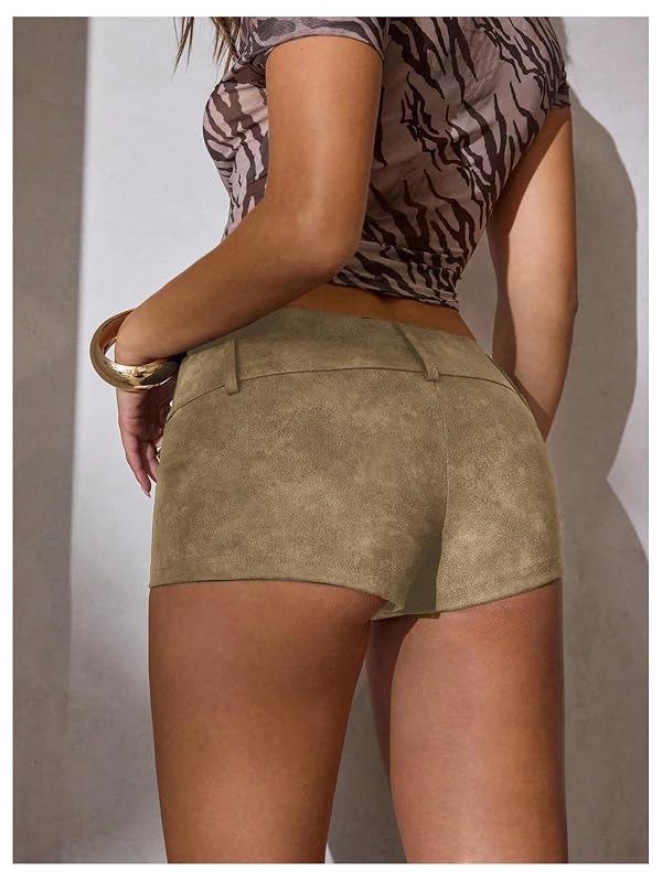 Floerns Women's Y2k Leather Mini Shorts Low Rise Buckle Belt Skinny Night Out Short Pants Khaki Medium by Floerns - Used condition - Image 3