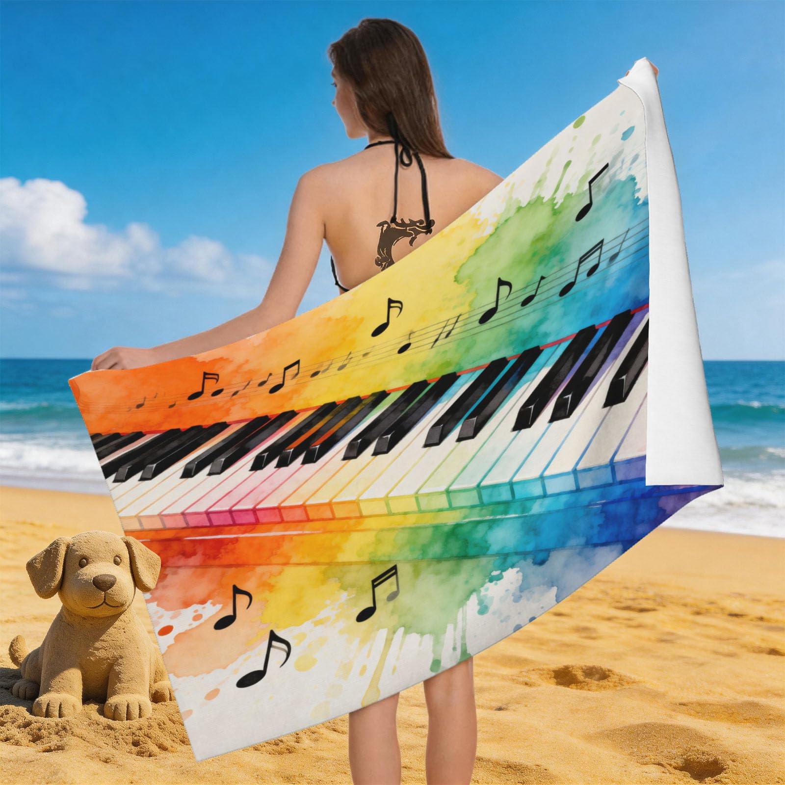 Leichong Men's Multicolour 3D Piano Keyboard Beach Towel Large Microfiber Soft Quick Dry For Adults, Colorful Bath Towel Lightweight Soft Absorbent For Travel Swimming Pool Sports, 180 X 90 Cm