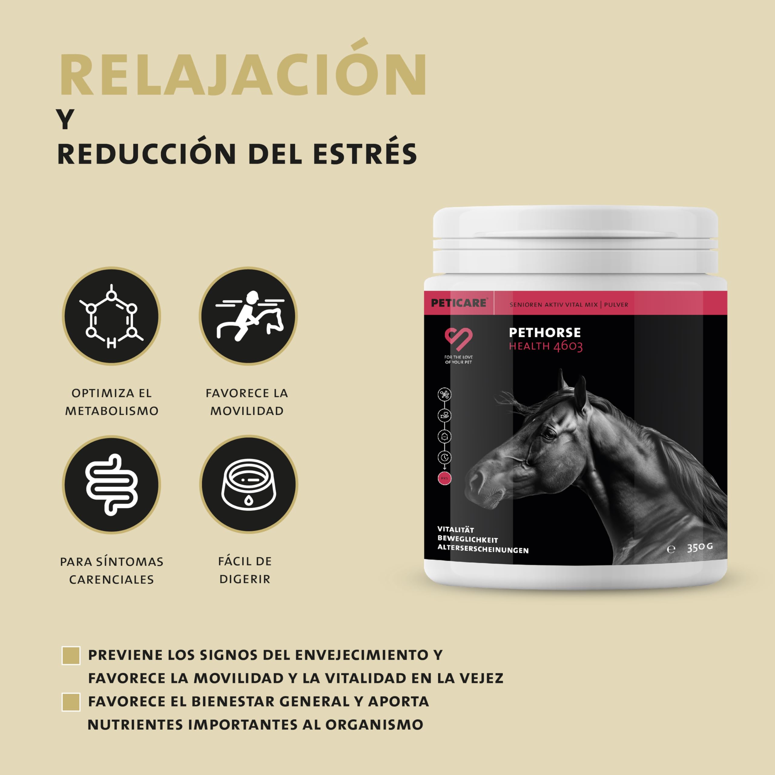 Peticare Senior Polvo para Caballos | Promueve la vitalidad, Movilidad en la vejez | Ingredientes de Origen Vegetal, con L-leucina, MSM | para Caballos Senior y Ponis Mayores | petHorse Health 4603