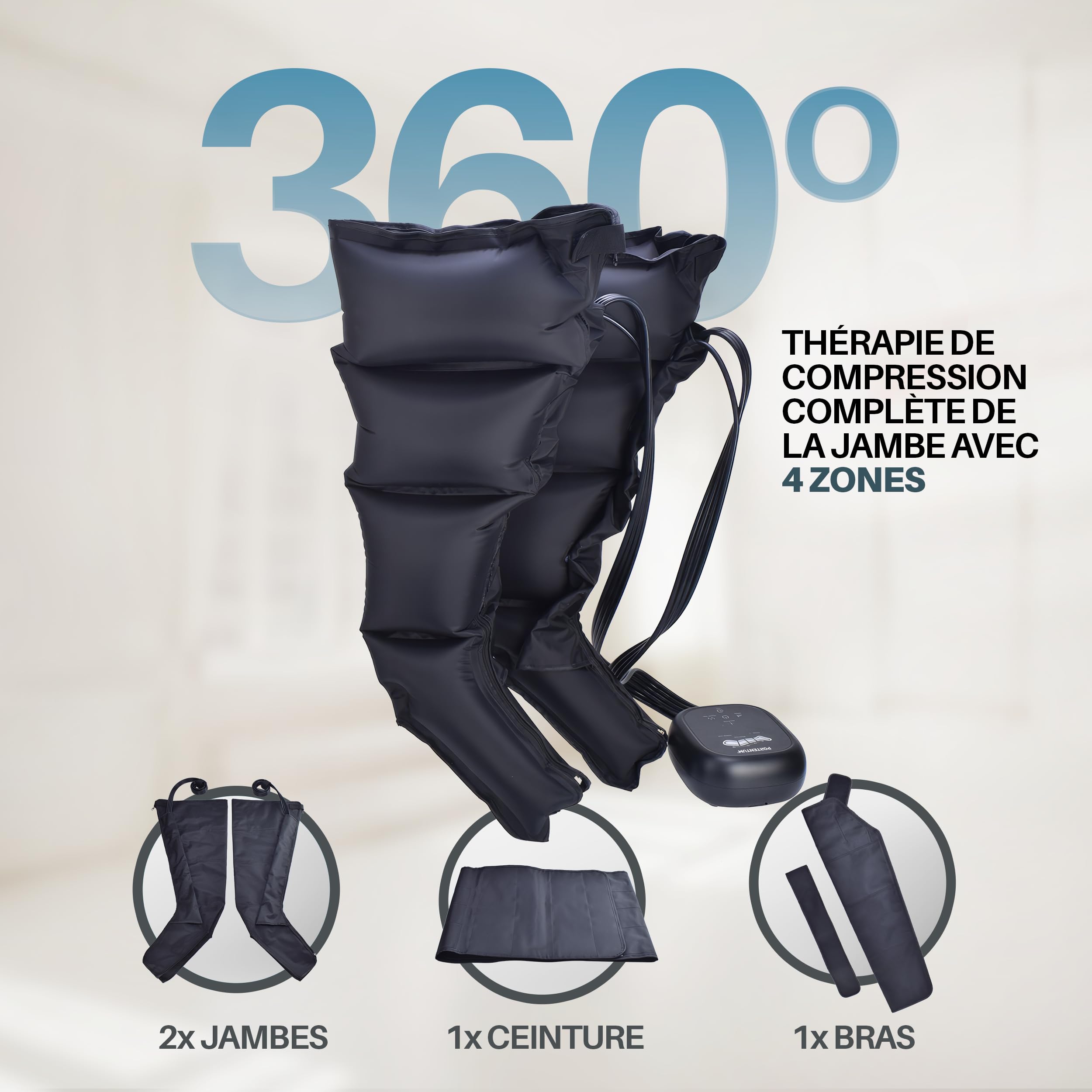 PORTENTUM bottes pressothérapie jambes avec batterie – 8 modes et 3 intensités – USB-C – Télécommande écran LCD – Avec accessoires pour bras et ceinture – Drainage lymphatique jambes – Sac inclus