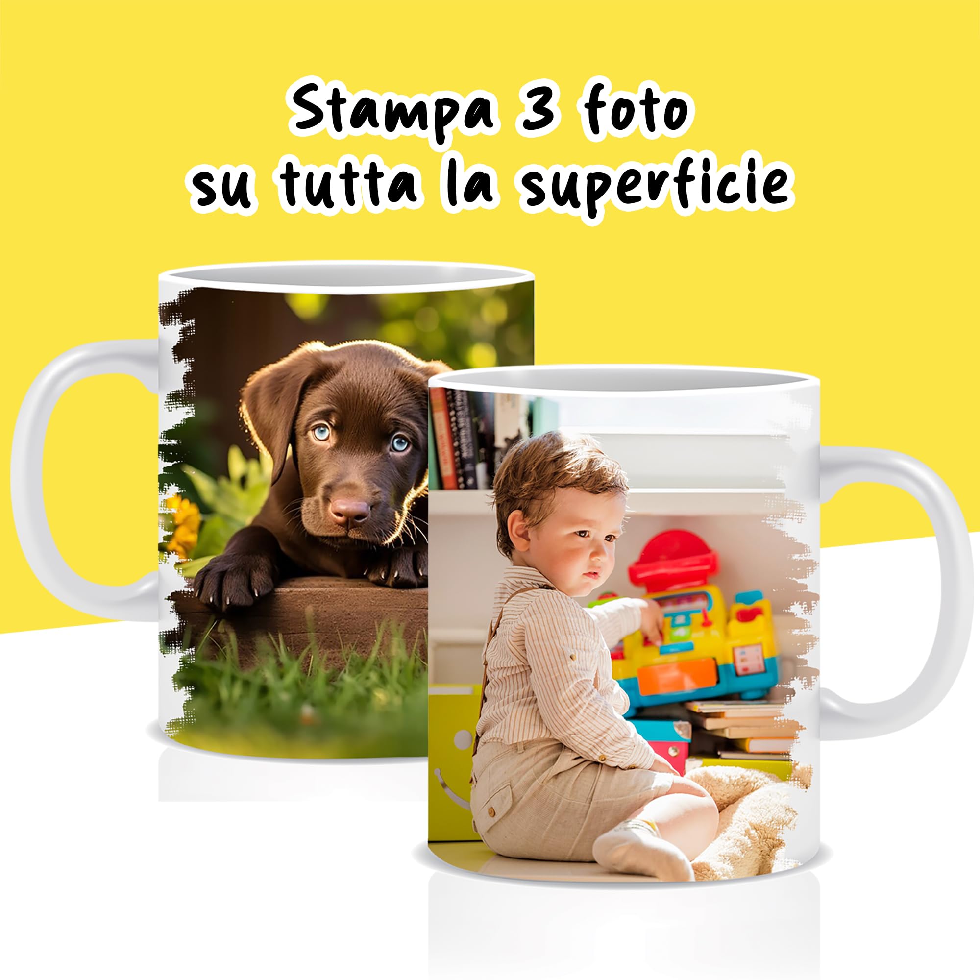 Tazza Personalizzata Fino a 3 Foto, Made in Italy - Tazza in Ceramica 325 ML Interamente Personalizzabile a 360 Gradi con Foto - Idea Regalo Compleanno Amica, Festa della Mamma e San Valentino