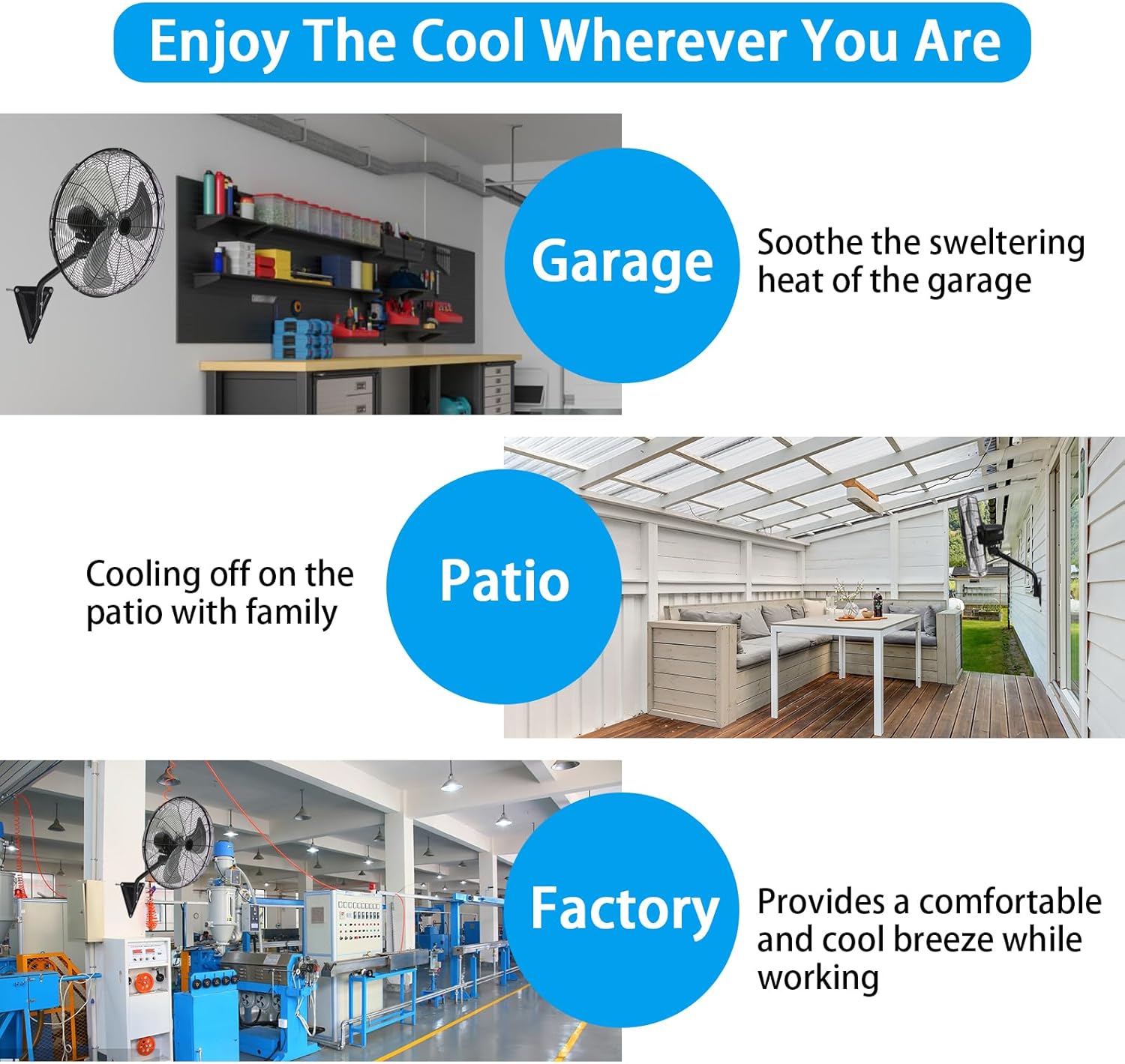 WARMLREC 18In Wall Mount Fan, 120° Oscillating Fan and High Velocity 3-Speed Wall Fans, 5500 CFM Industrial Outdoor Wall Fans for Commercial, Garage, Residential, Warehouse - Etl Listed, Black