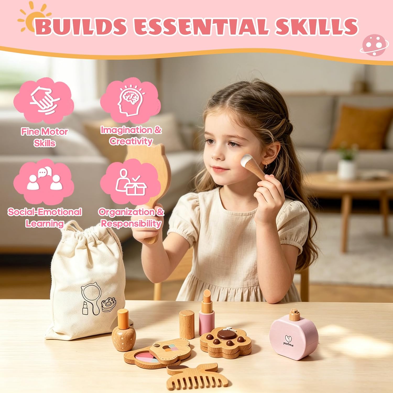 Brownroot Wooden Pretend Makeup Kit for Little Girls, Mess-Free Fake Makeup Toy Set with Animal Shaped Cosmetics, Mirror & Canvas Storage Bag, Toddler Princess Vanity Accessories Gift for Ages 3+