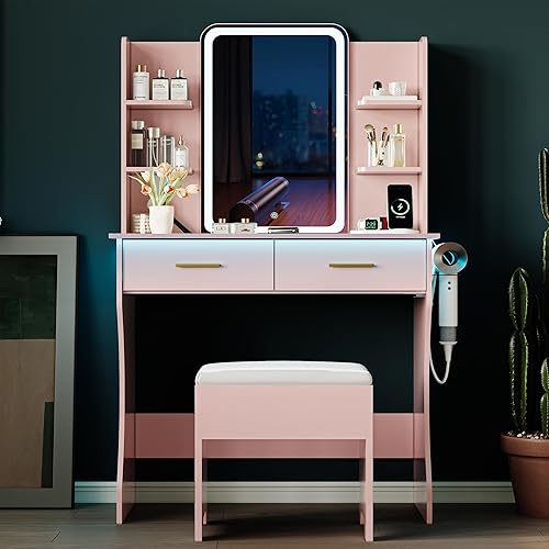 Vista 9 de Escritorio de tocador con espejo con luces LED y toma de corriente, pequeño juego de mesa de tocador de maquillaje con cajones de almacenamiento