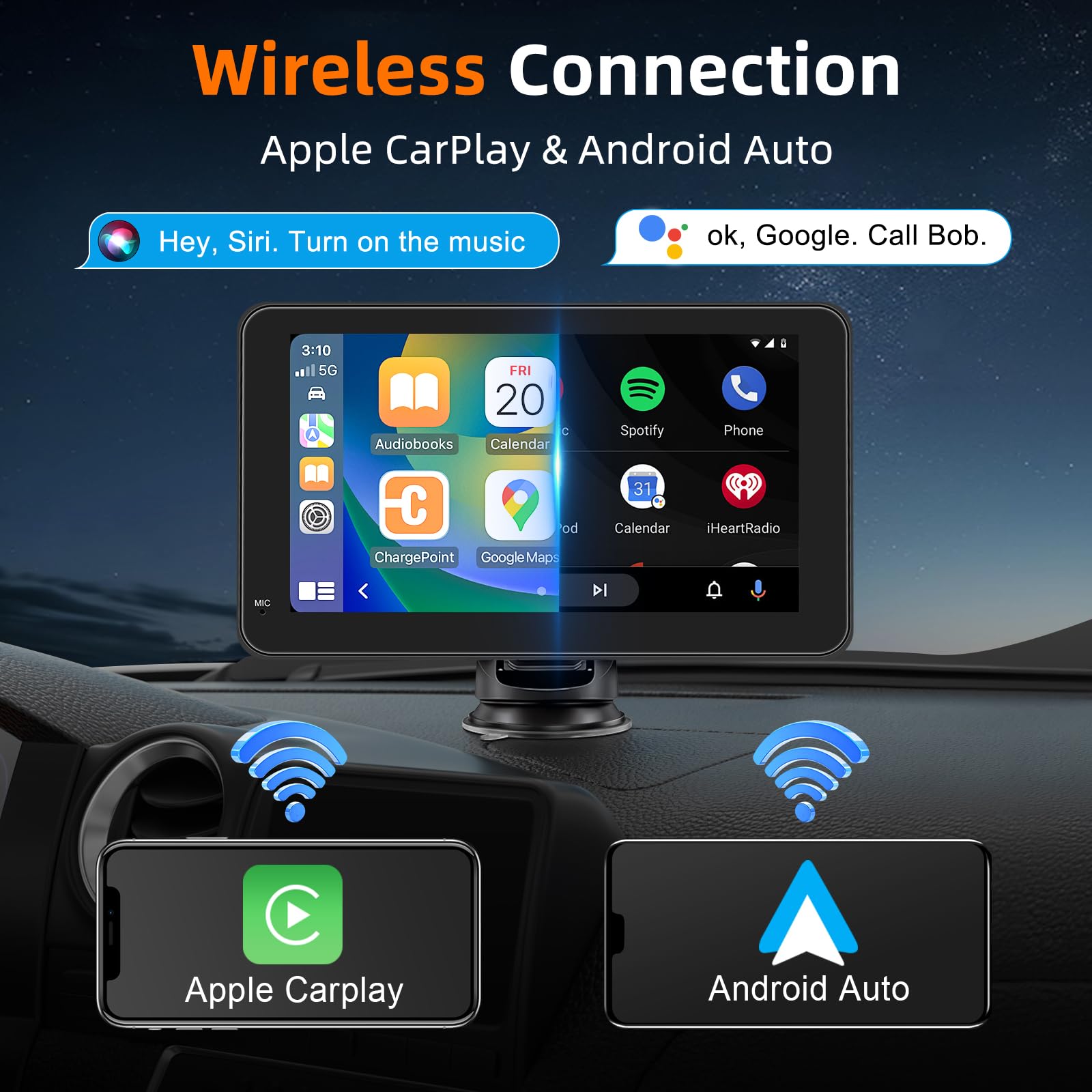 Schermo Per Auto Portatile con Carplay Wireless Andriod Auto,Display da 7 Pollici HD Touchscreen,Autoradio with Mirror Link, Bluetooth, Voice Control, Navigazione GPS,FM Trasmettitore, AUX, Airplay