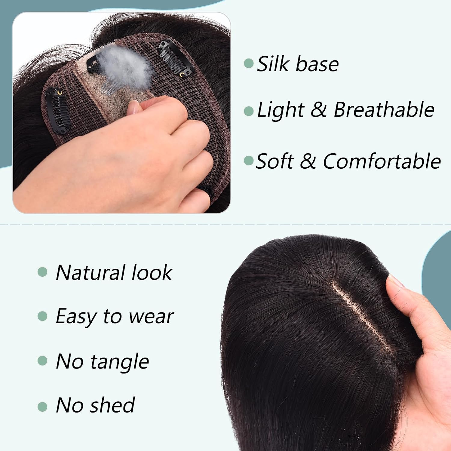 Human Hair Topper for Women With Thinning Hair - Silk Base Crown No Bangs Clip in for Hair Loss - Grey 6 Inch #1B Natural Black