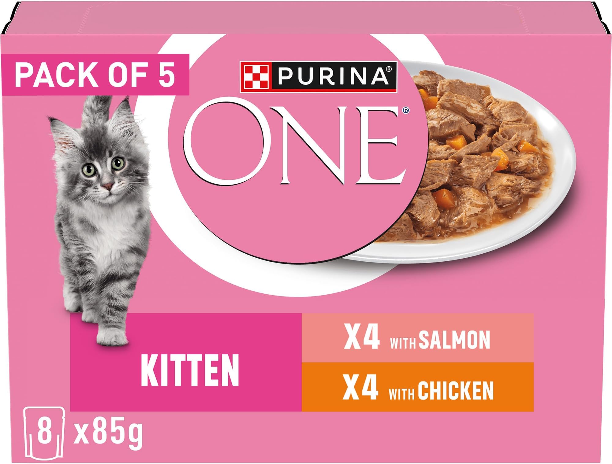 PURINA ONE Kitten Mini Fillets Salmon and Chicken Wet Cat Food 8x85g (Pack of 5)