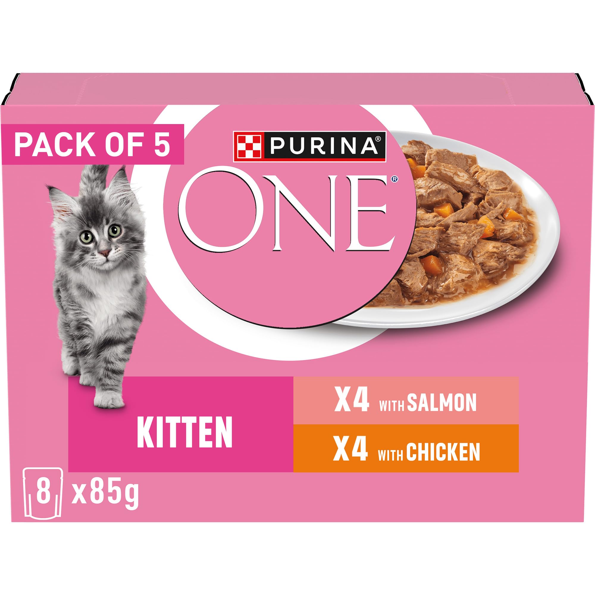 PURINA ONE - Kitten Wet Cat Food - Mini Fillets in Gravy - Salmon & Carrots and Chicken & Carrots - 85g x 40 Pouches