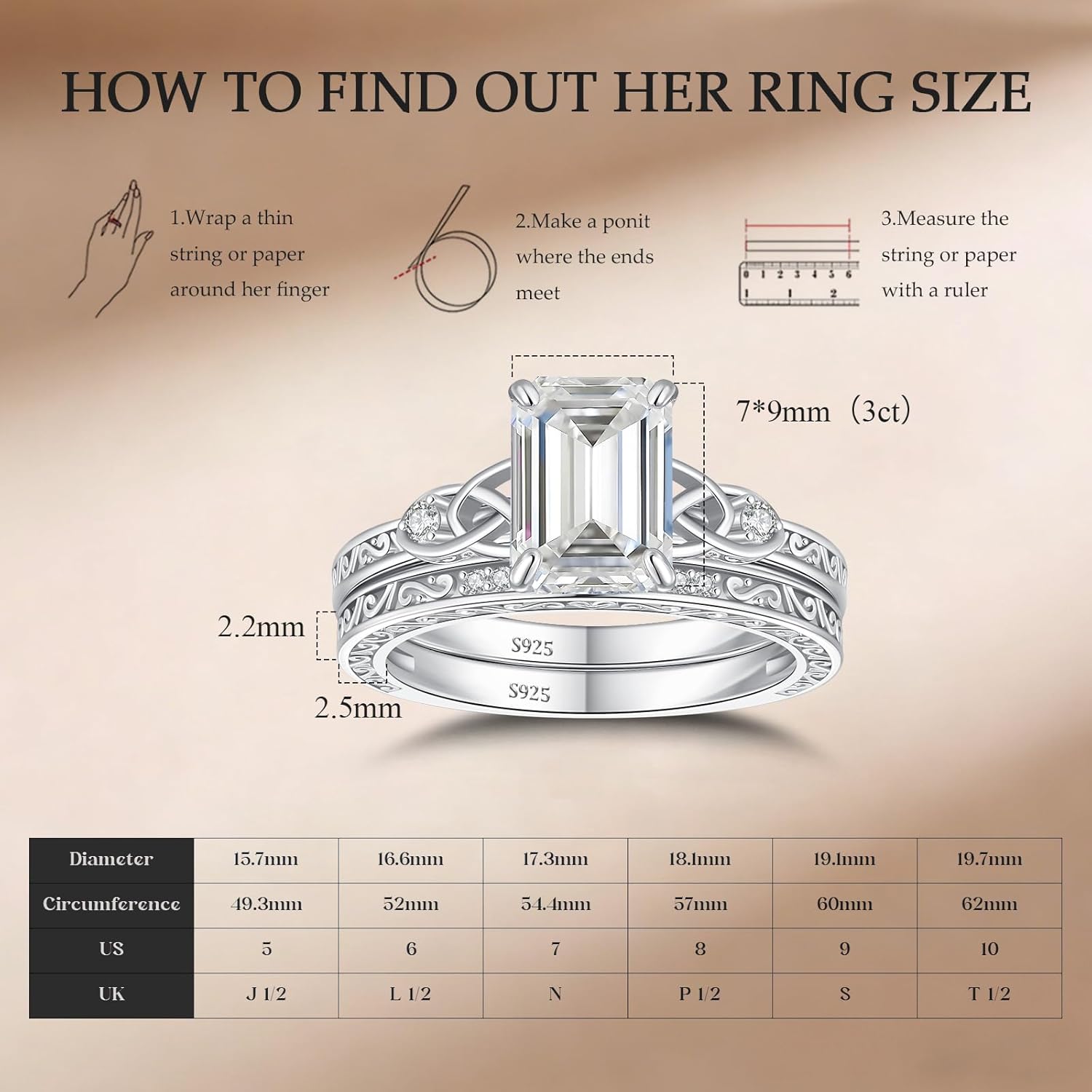 3CT Moissanite Engagement Ring Set, Emerald-Cut Celtic Knot Design 925 Sterling Silver Wedding Bridal Rings, D Color VVS1 Jewelry Gifts for Valentines Day Anniversary, Size 6-10