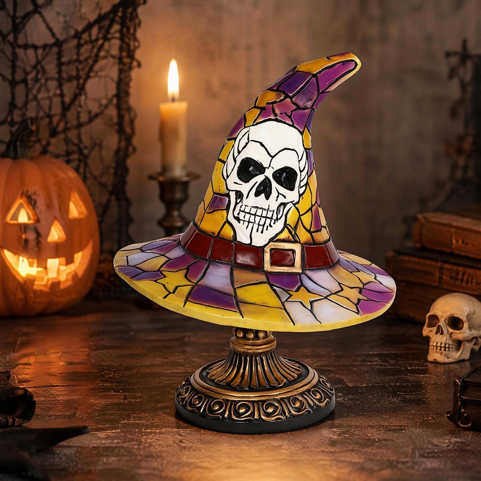 Stained Glass Halloween Pumpkin Table Lamp, Gothic Witch Hat Night Light